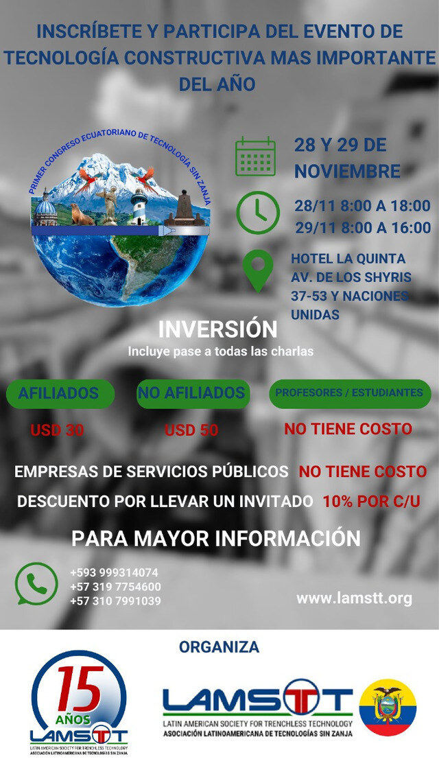 1er Congreso Ecuatoriano de Tecnologías sin Zanja.
1era Feria Exposición y Conferencia Ecuatoriana de Tecnologías sin Zanja.
Del 28 y 29 de Noviembre de 2024.
Ecuador